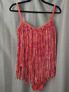 Coco Rave Fringe Swimsuit (L, 36D) – Coral Pink Statement One Piece